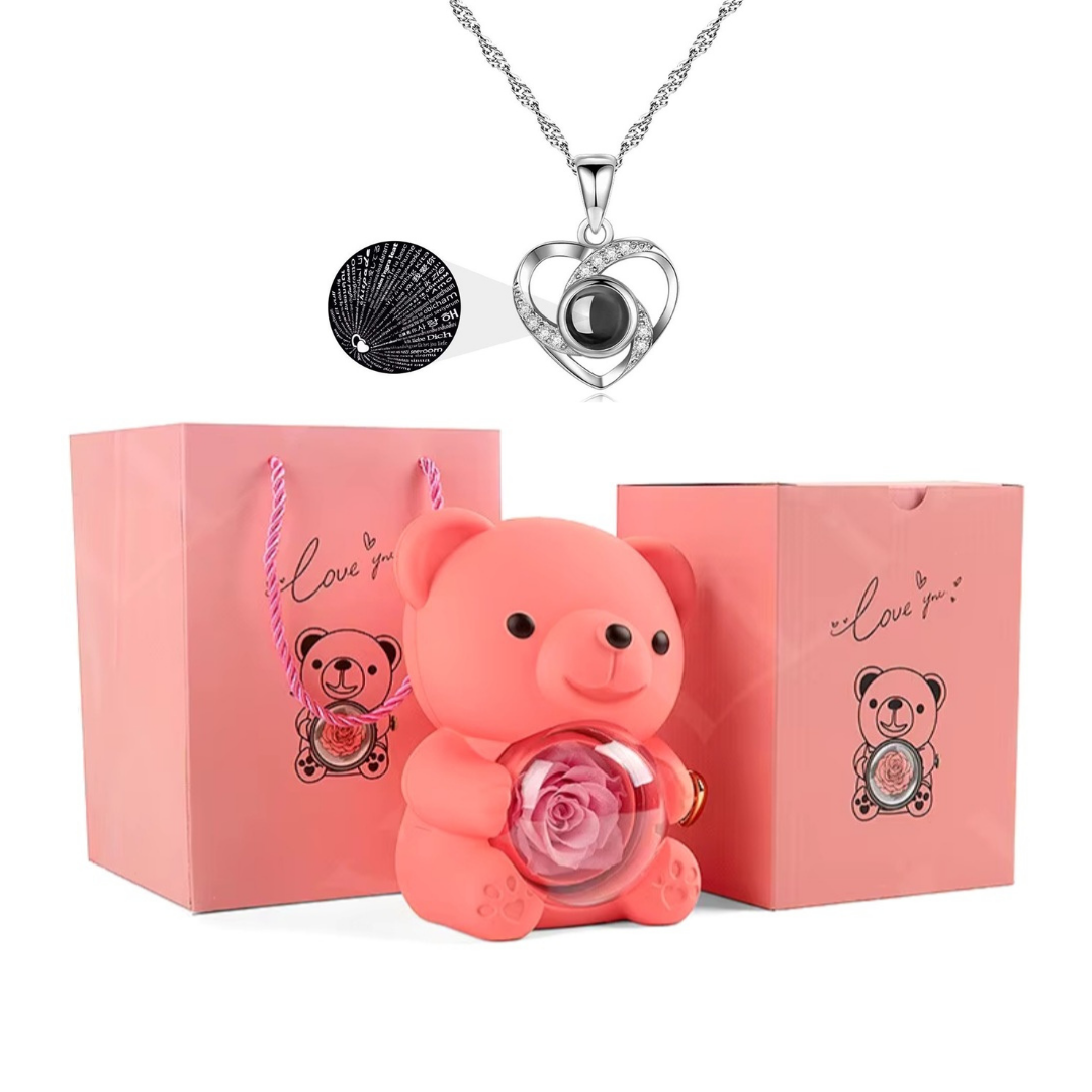 Urso Rotativo Com Rosa Real & Colar Eu Te Amo 100 Idiomas