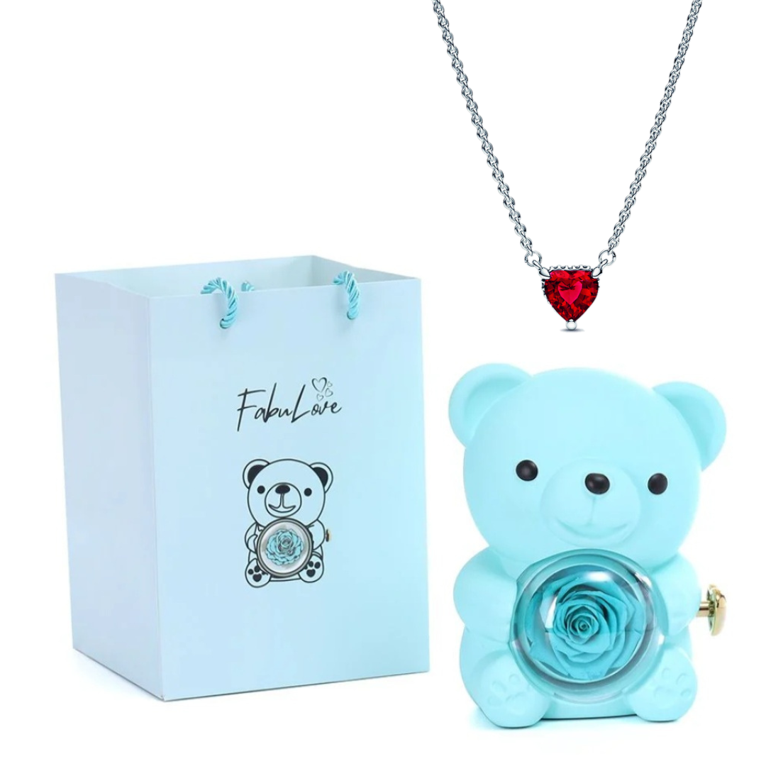 Urso Rotativo Com Rosa Real & Colar Coração