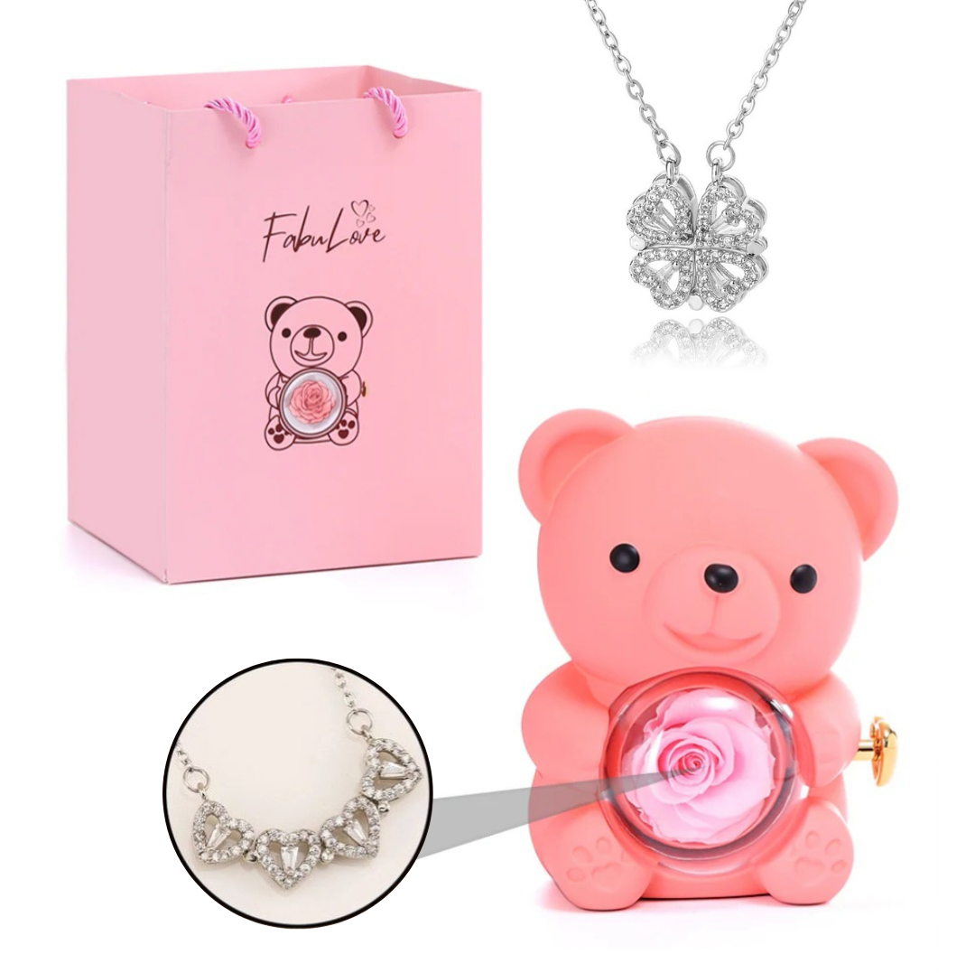 Urso Rotativo Com Rosa Real & Colar Trevo 2 Em 1