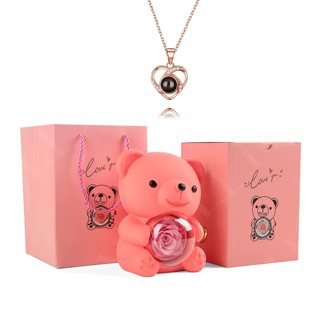 Urso Rotativo Com Rosa Real & Colar Eu Te Amo 100 Idiomas