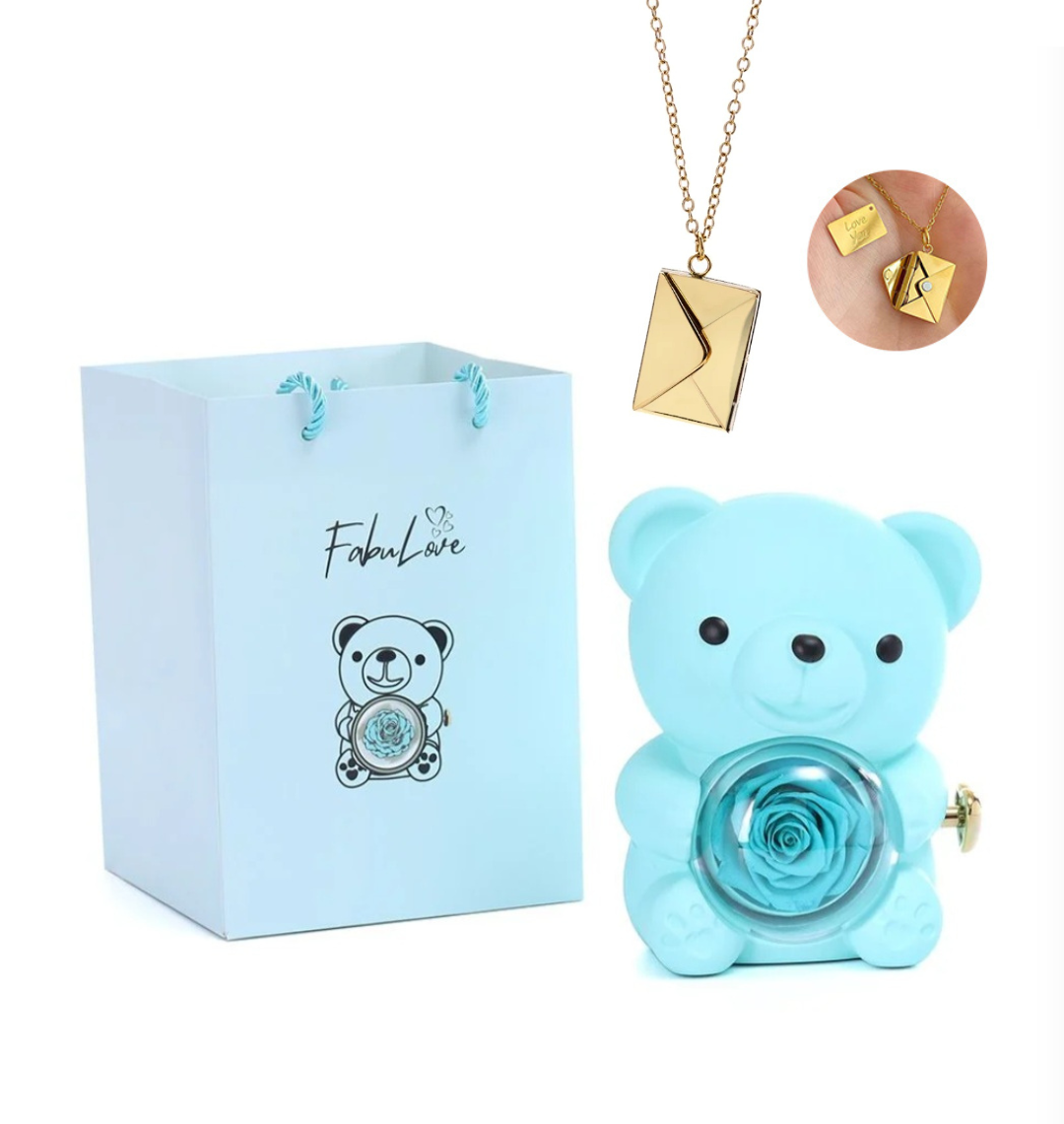 Urso Rotativo Com Rosa Real & Colar Envelope Persolalizado