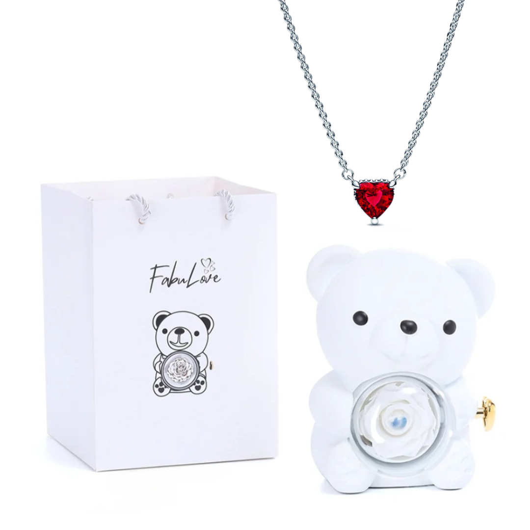 Urso Rotativo Com Rosa Real & Colar Coração