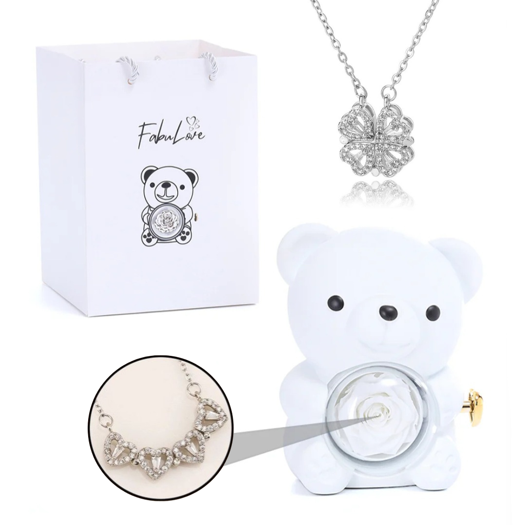 Urso Rotativo Com Rosa Real & Colar Trevo 2 Em 1