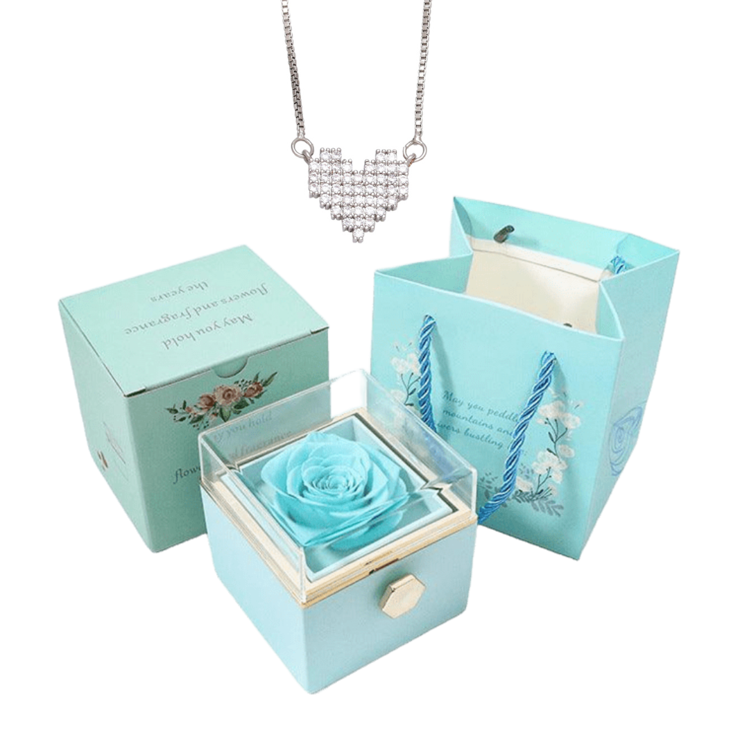 Caixa Rotativa Rosa Real & Colar Coração Em Pedras