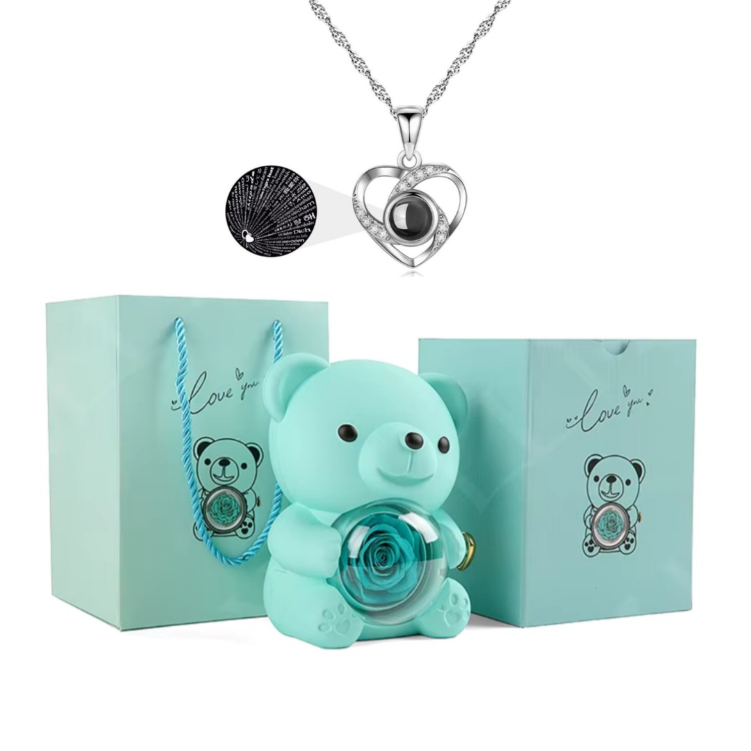 Urso Rotativo Com Rosa Real & Colar Eu Te Amo 100 Idiomas