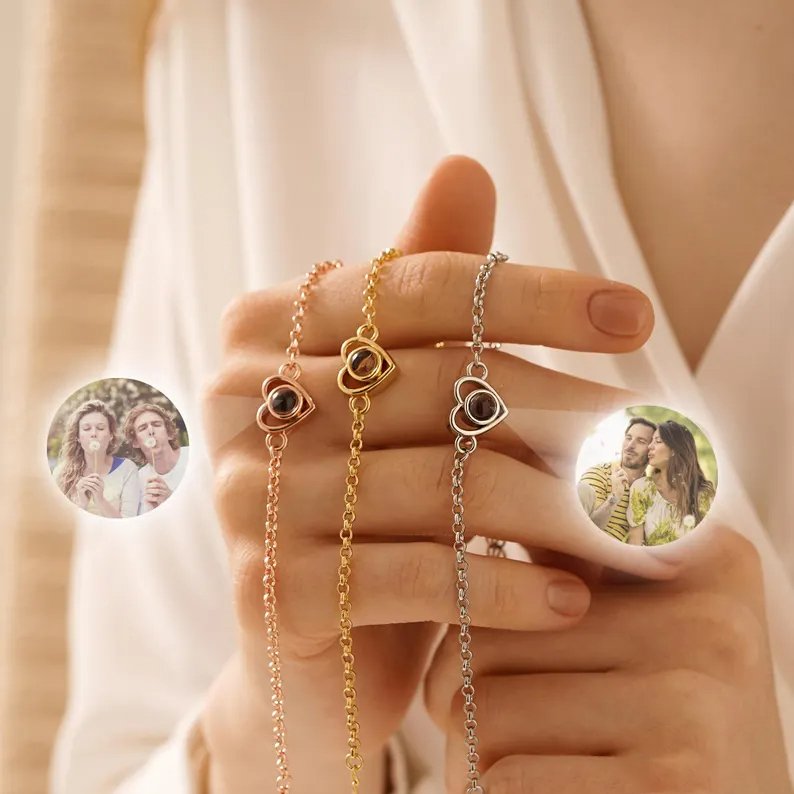 Pulseira Projeção Com Foto Pingente De Coração Feminina