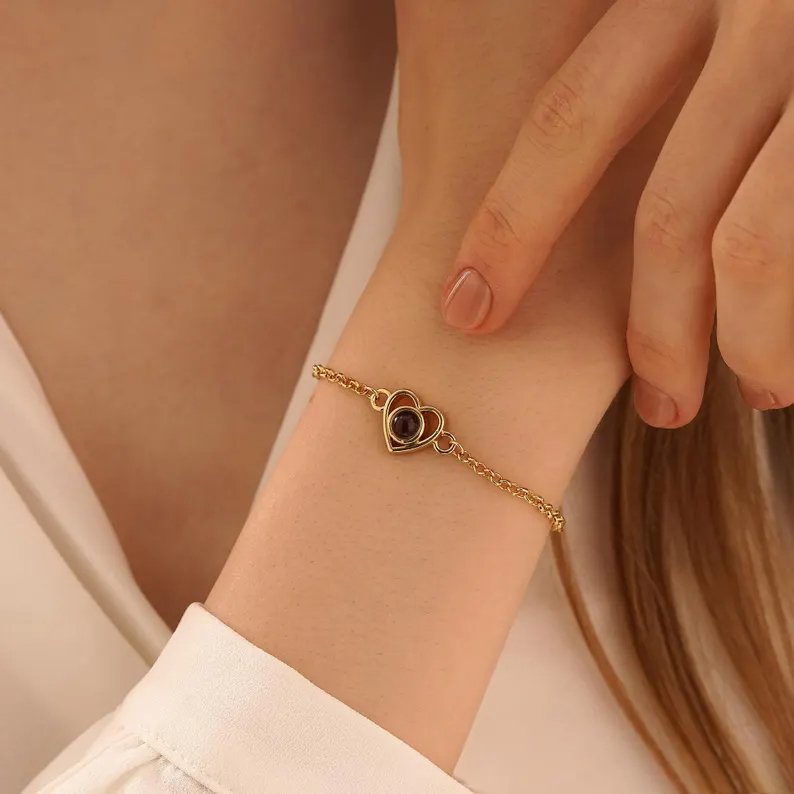 Pulseira Projeção Com Foto Pingente De Coração Feminina