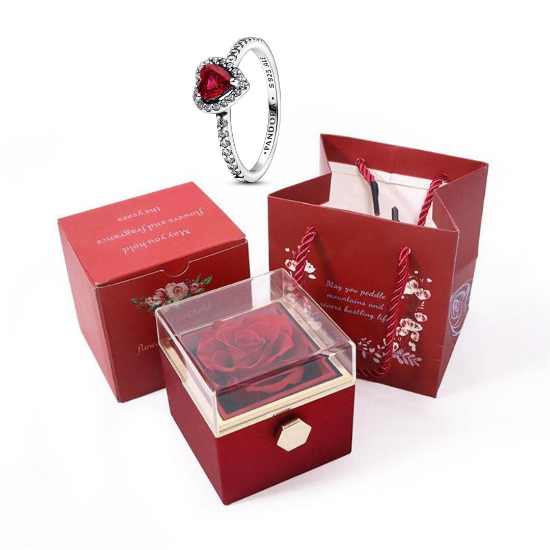 Caixa Rotativa Com Rosa Real & Colar Anel Solitario Com Pedra