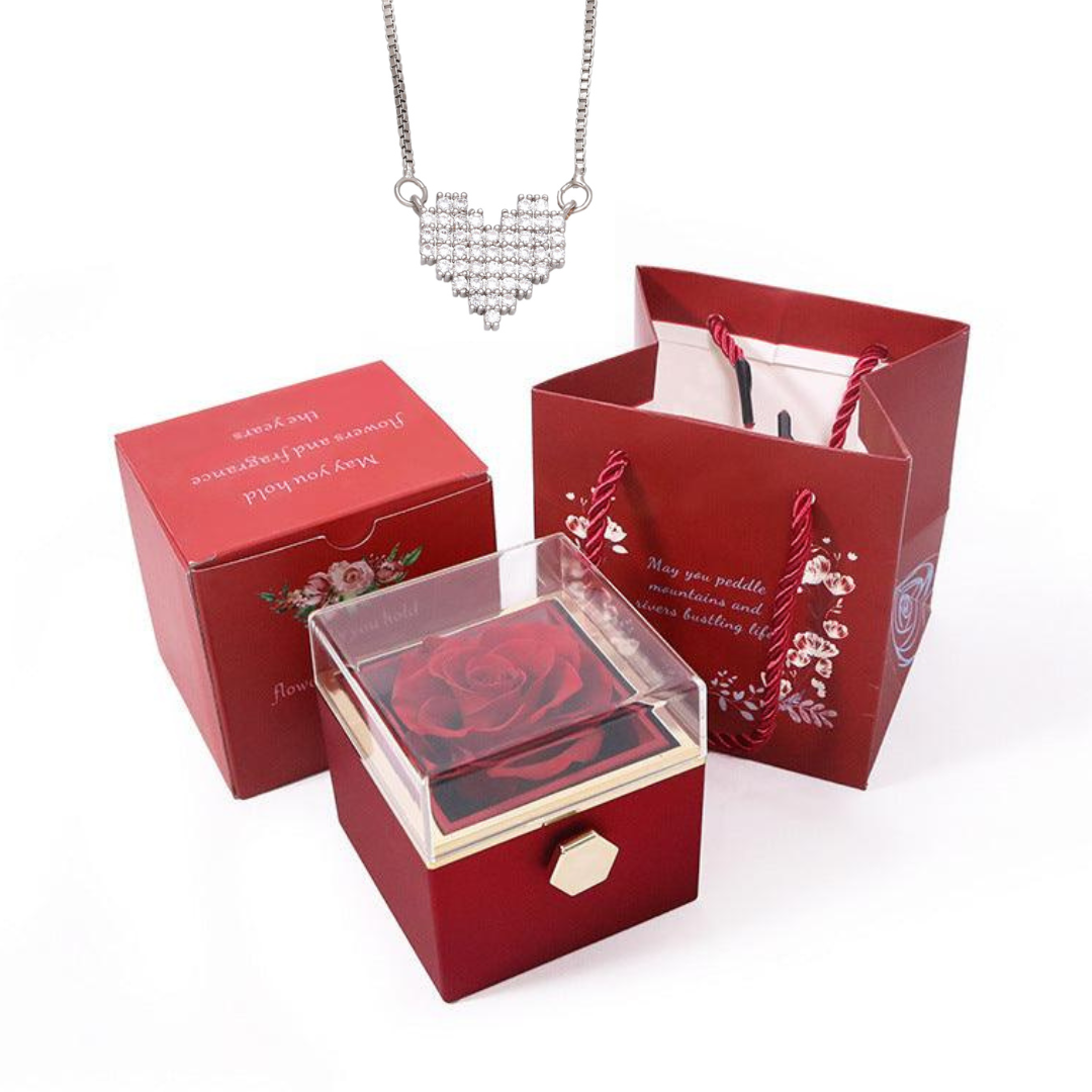 Caixa Rotativa Rosa Real & Colar Coração Em Pedras
