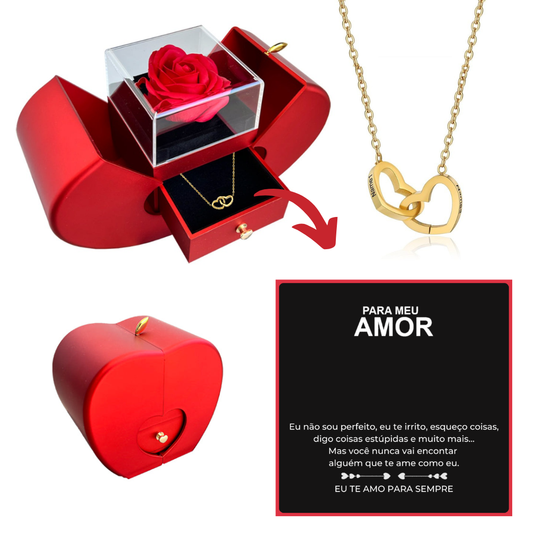 Caixa Maçã Com Rosa & Colar Dual Love Personalizado