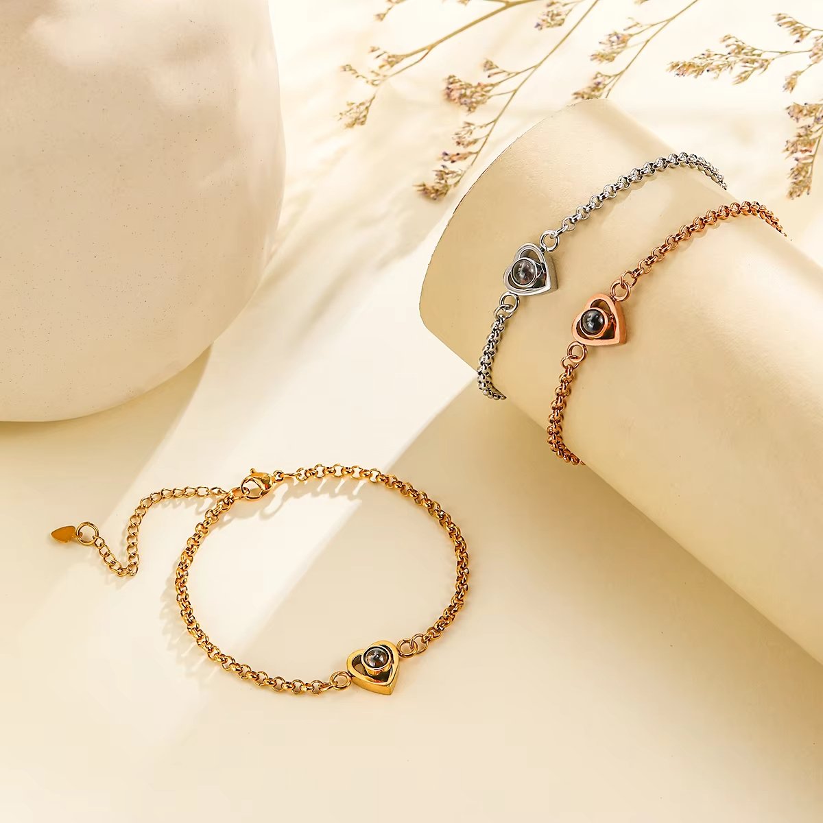 Pulseira Projeção Com Foto Pingente De Coração Feminina