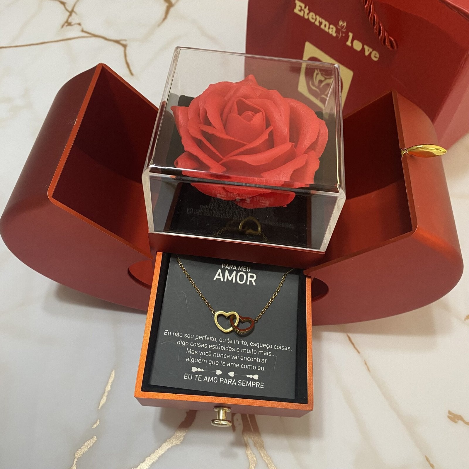 Caixa Maçã Com Rosa & Colar Dual Love Personalizado