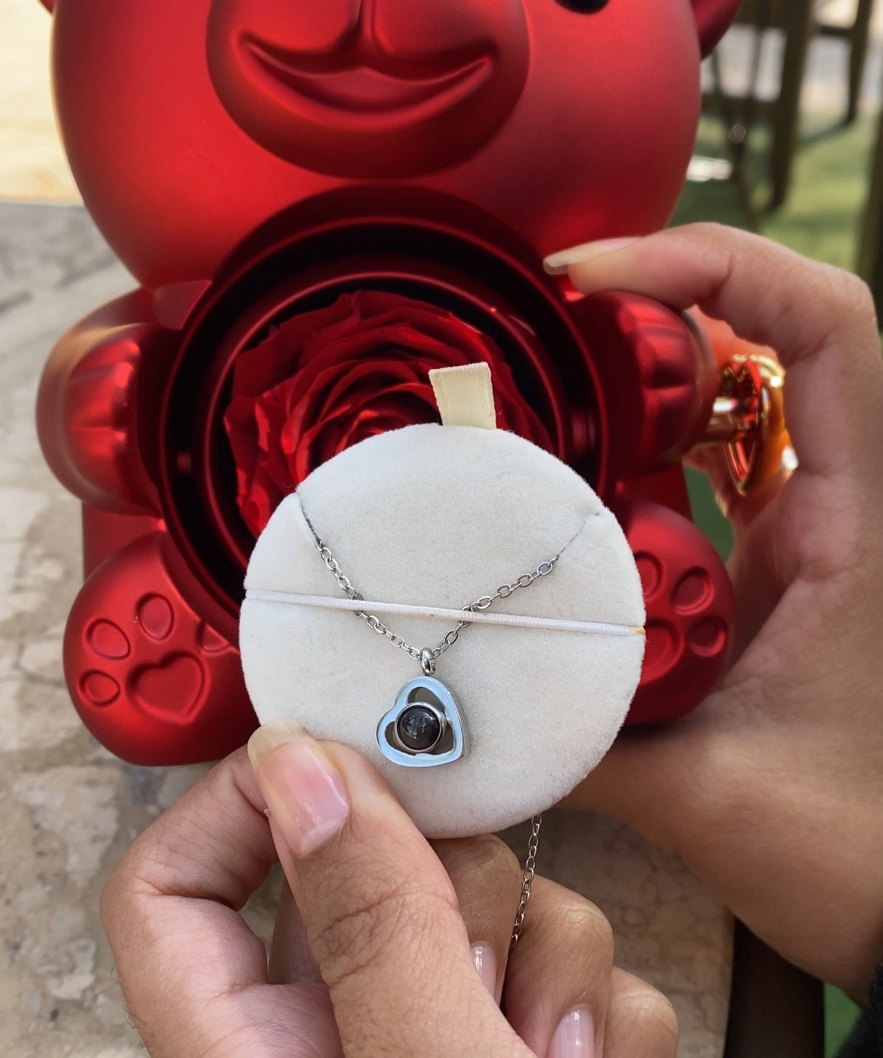 Urso Rotativo Com Rosa Real & Colar Projeção Com Foto