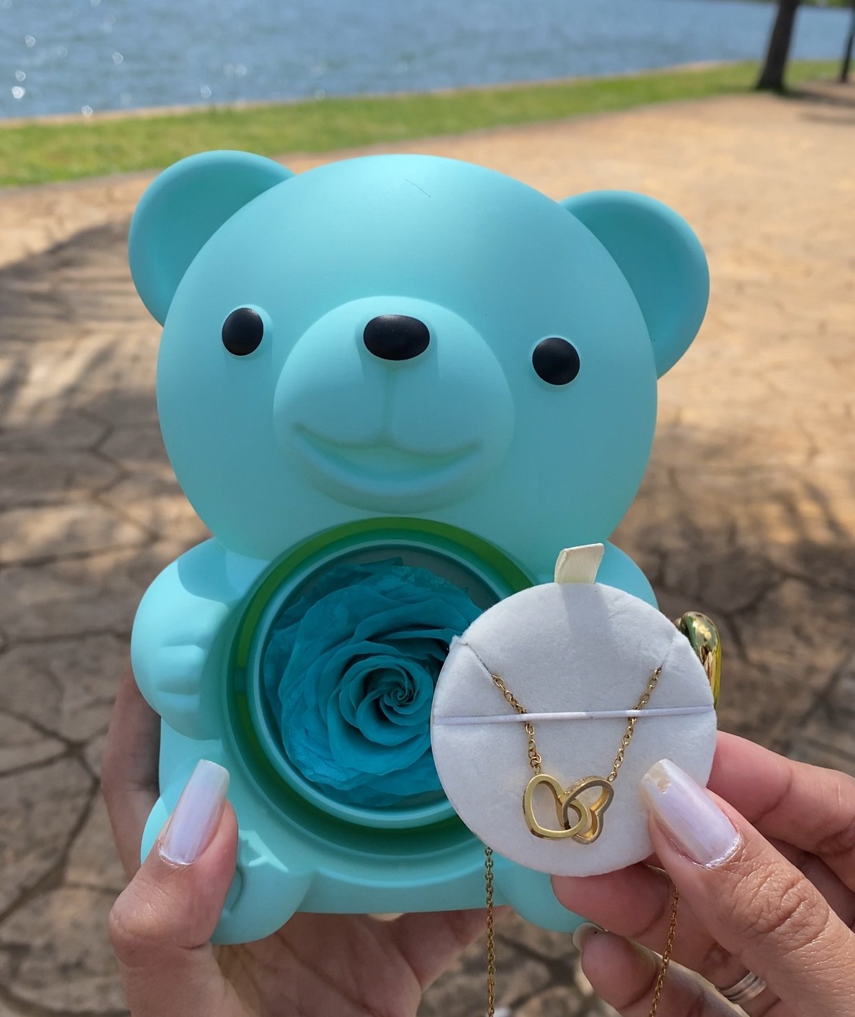 Urso Rotativo Com Rosa Real & Colar Dual Love Personalizado