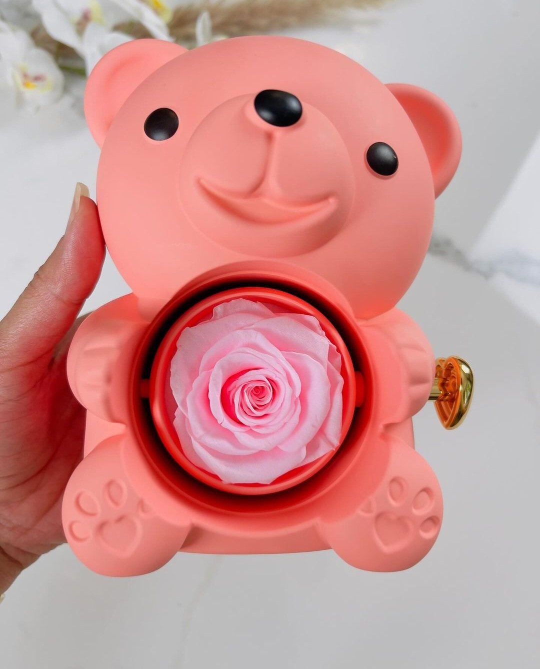 Urso Rotativo Com Rosa Real & Colar Dual Love Personalizado