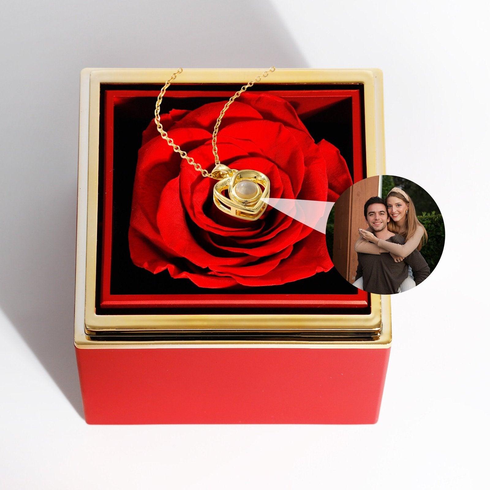 Caixa Rotativa Rosa Real & Colar Projeção Com Foto