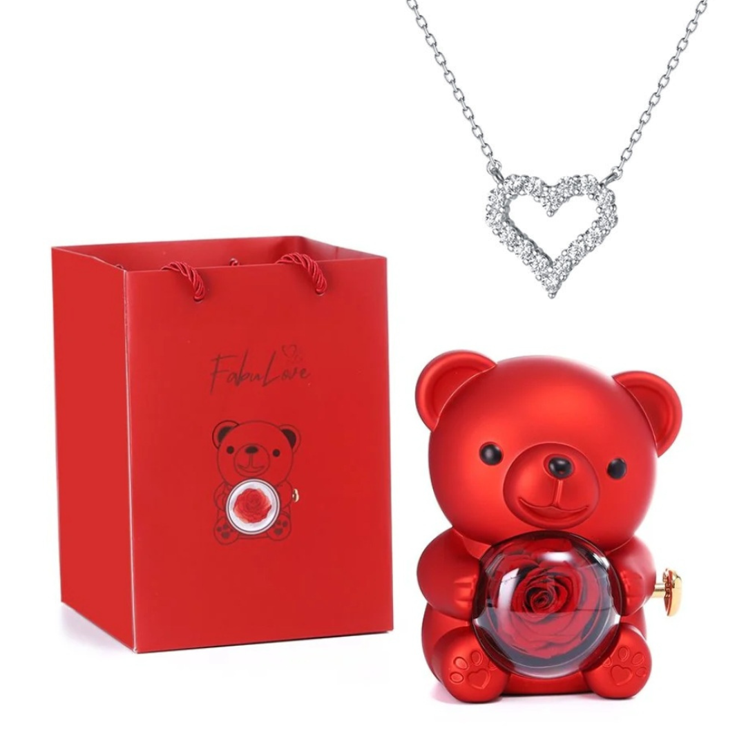 Urso Rotativo Com Rosa Real & Colar Coração Com Pedras