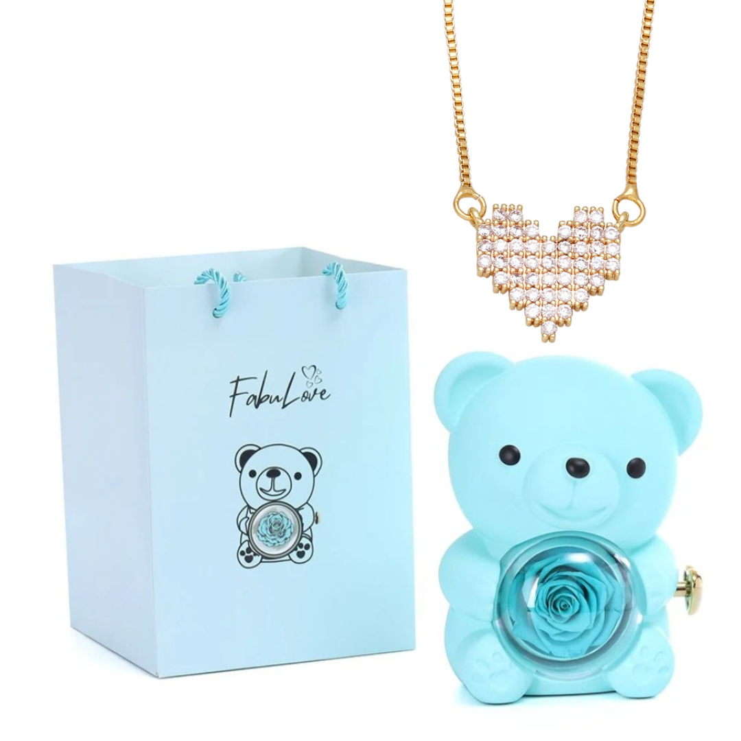 Urso Rotativo Com Rosa Real & Colar Coração Brilhante