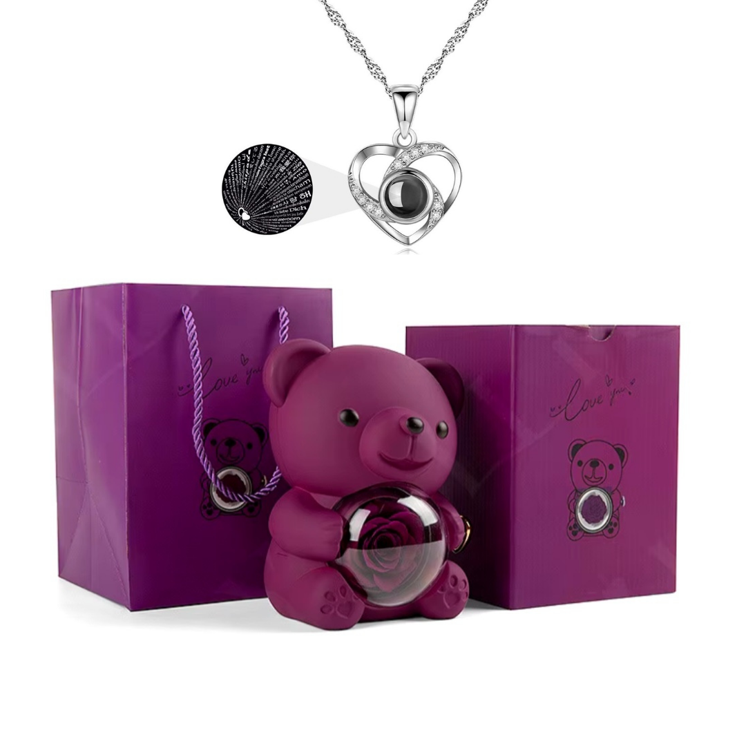 Urso Rotativo Com Rosa Real & Colar Eu Te Amo 100 Idiomas