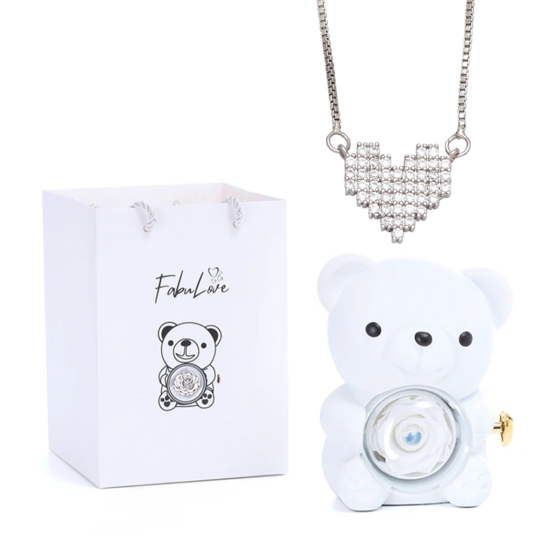 Urso Rotativo Com Rosa Real & Colar Coração Brilhante