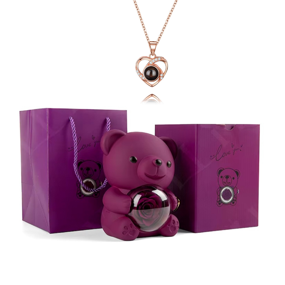 Urso Rotativo Com Rosa Real & Colar Eu Te Amo 100 Idiomas