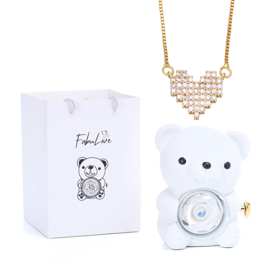 Urso Rotativo Com Rosa Real & Colar Coração Brilhante