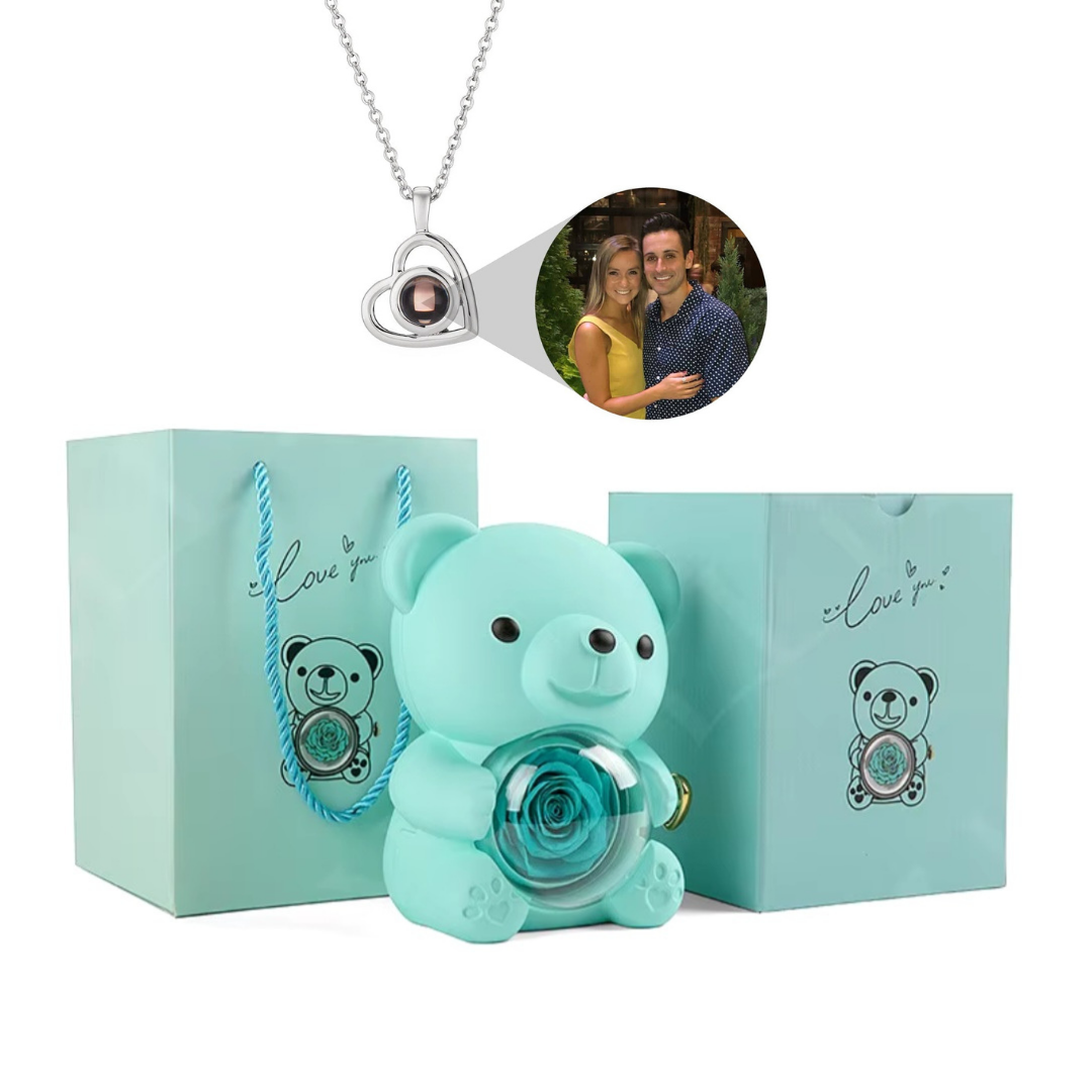 Urso Rotativo Com Rosa Real & Colar Projeção Com Foto