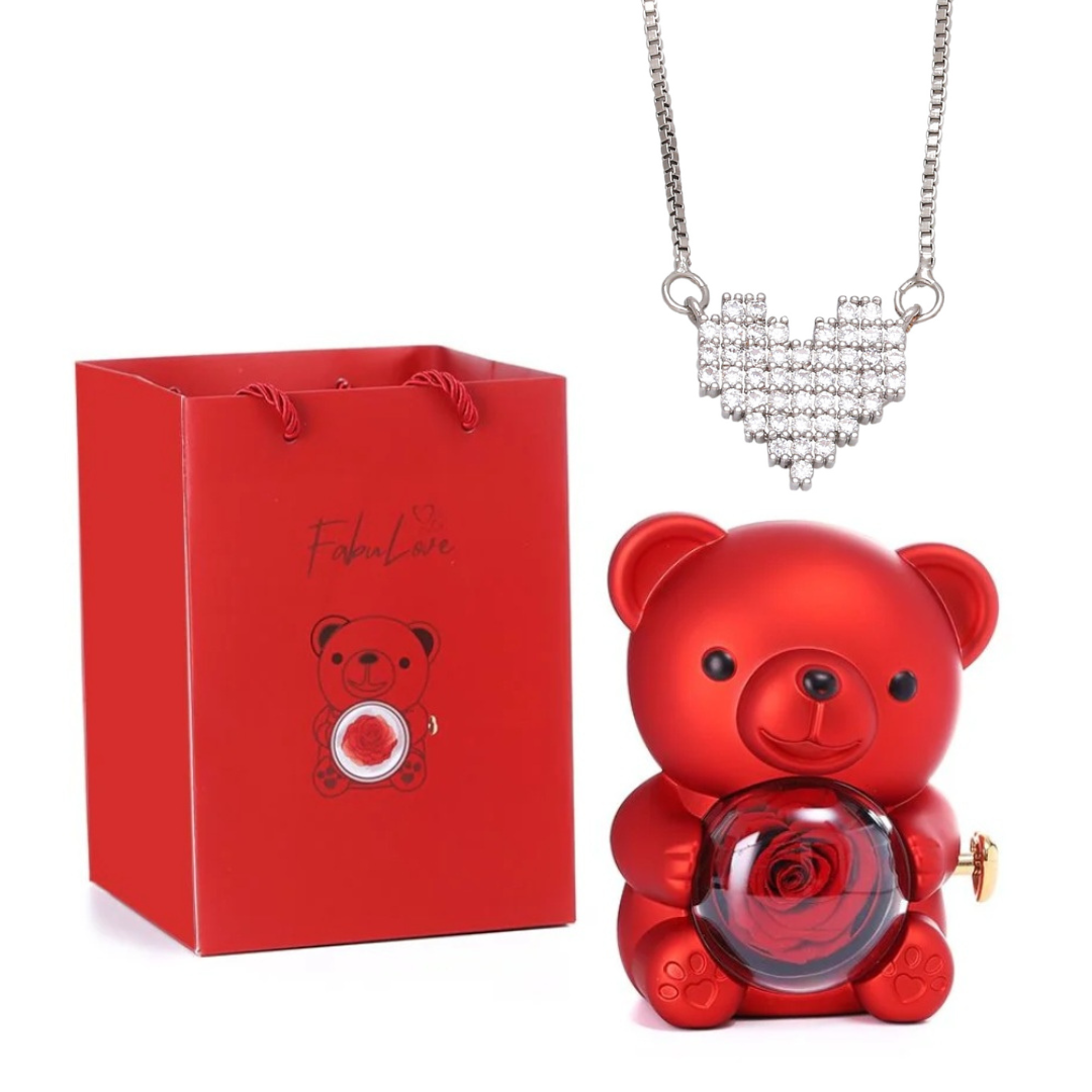 Urso Rotativo Com Rosa Real & Colar Coração Brilhante