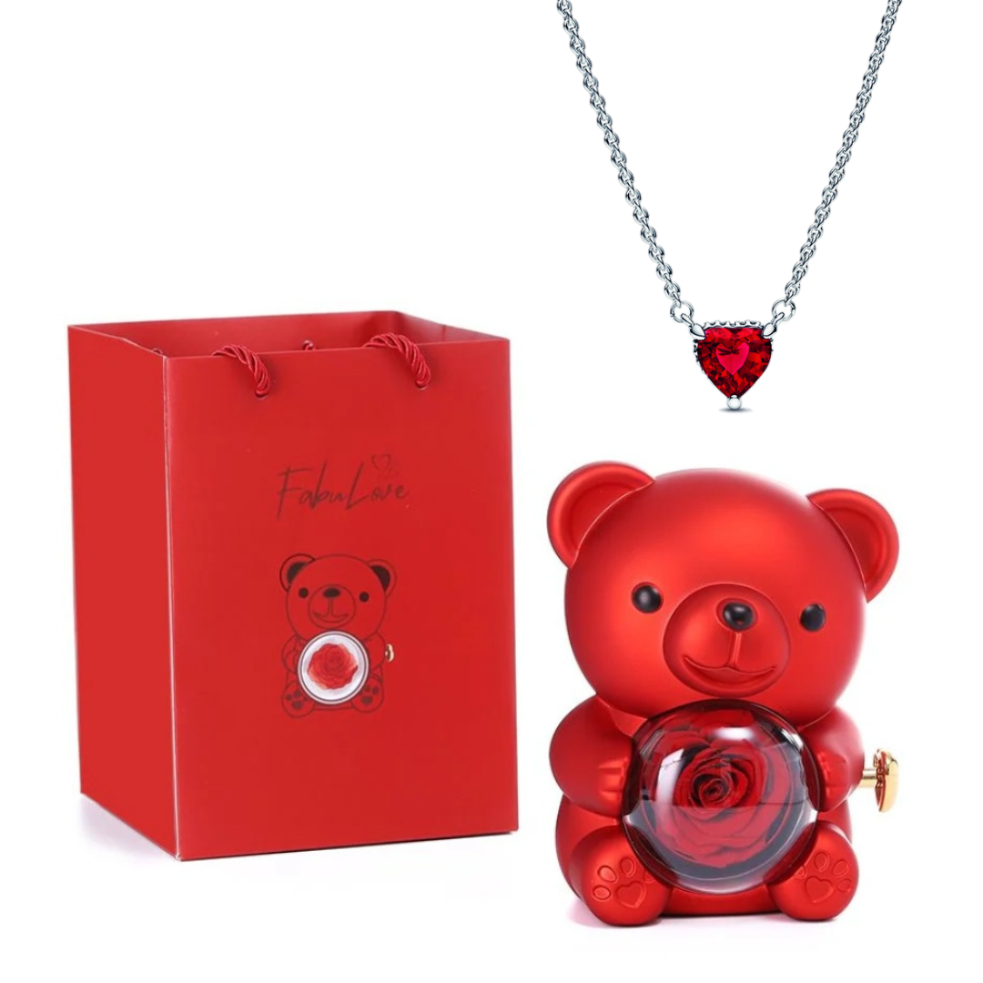 Urso Rotativo Com Rosa Real & Colar Coração