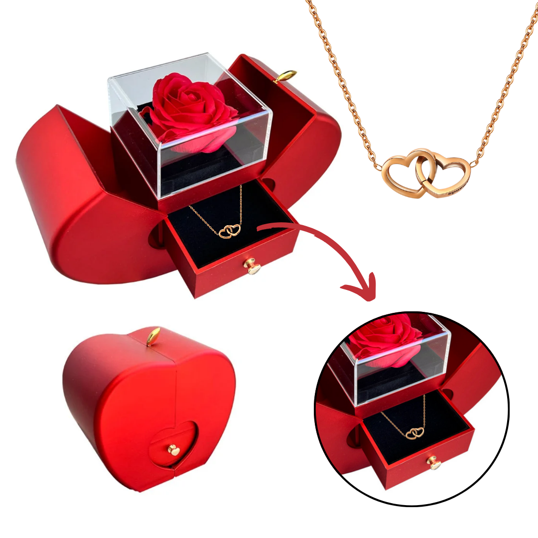 Caixa Maçã Com Rosa & Colar Dual Love Personalizado