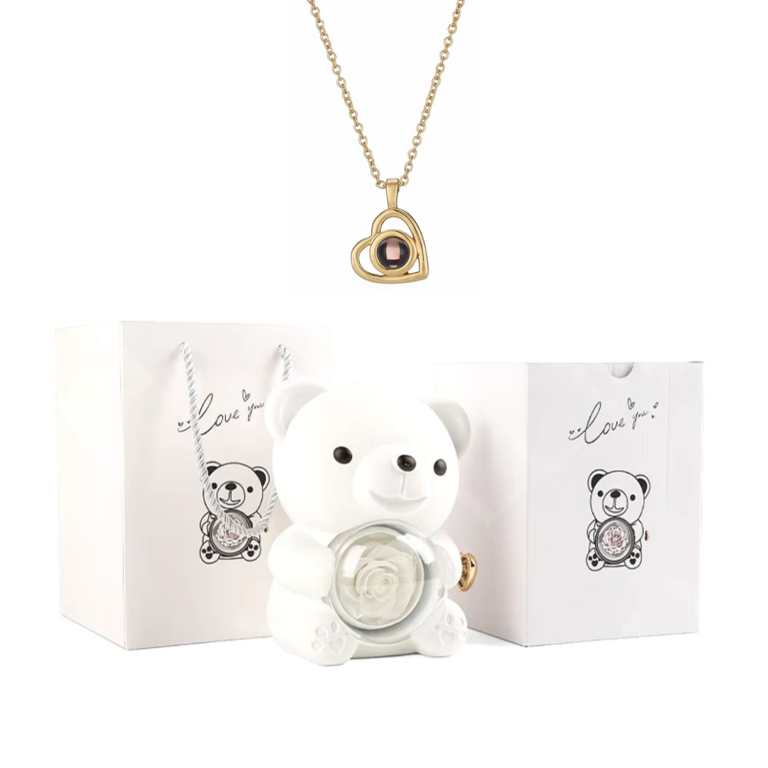 Urso Rotativo Com Rosa Real & Colar Projeção Com Foto