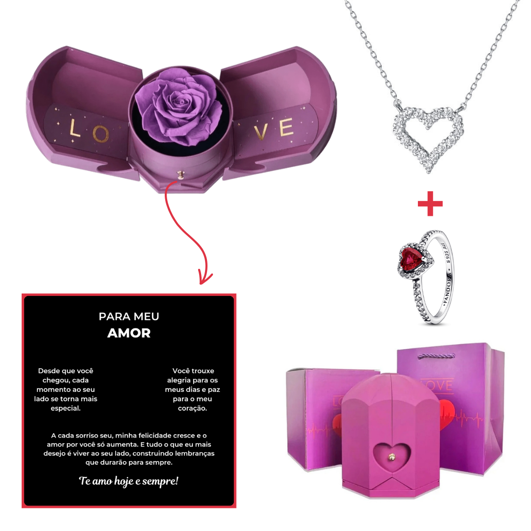 Caixa Asas & Colar Coração Cravejado + Anel Solitario