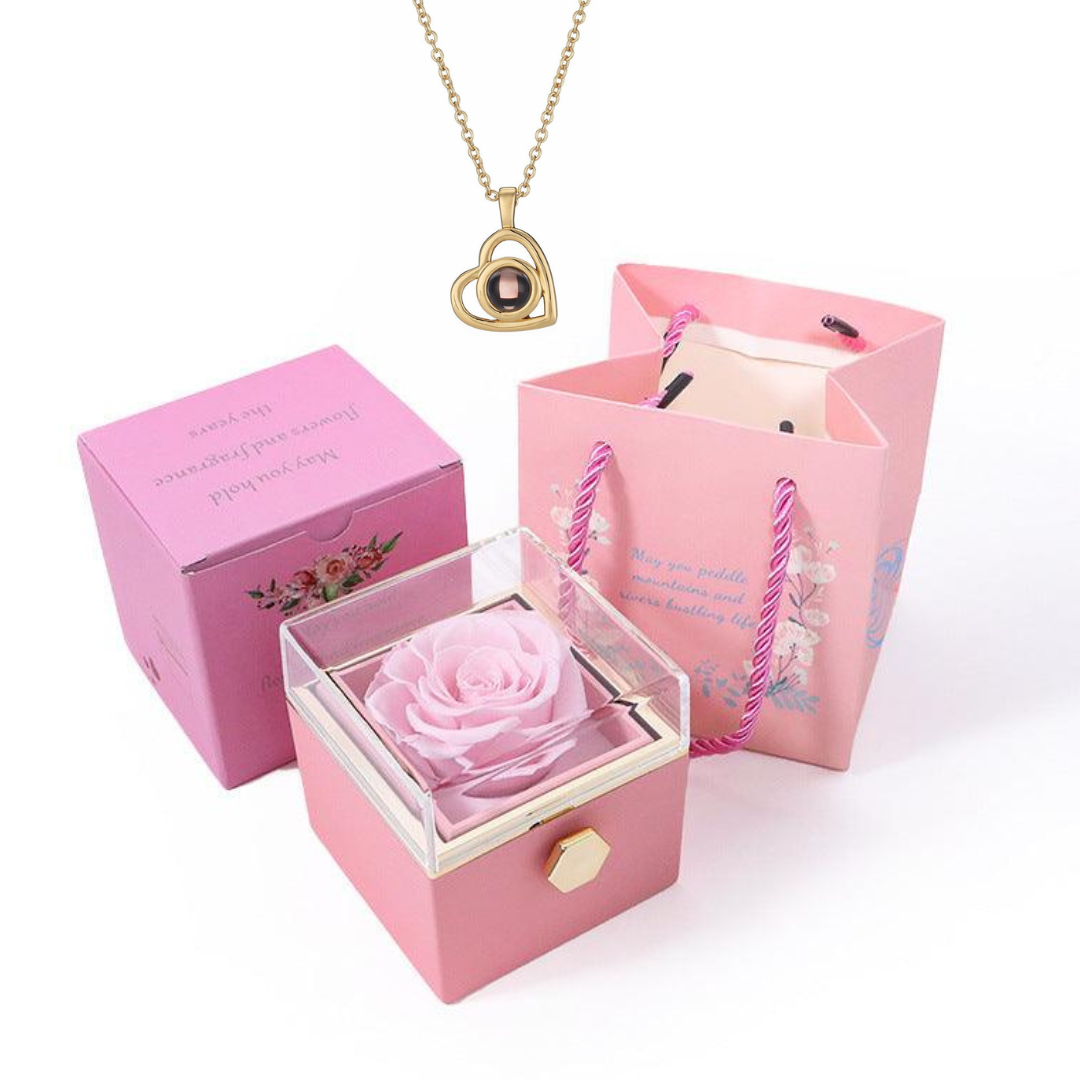 Caixa Rotativa Rosa Real & Colar Projeção Com Foto
