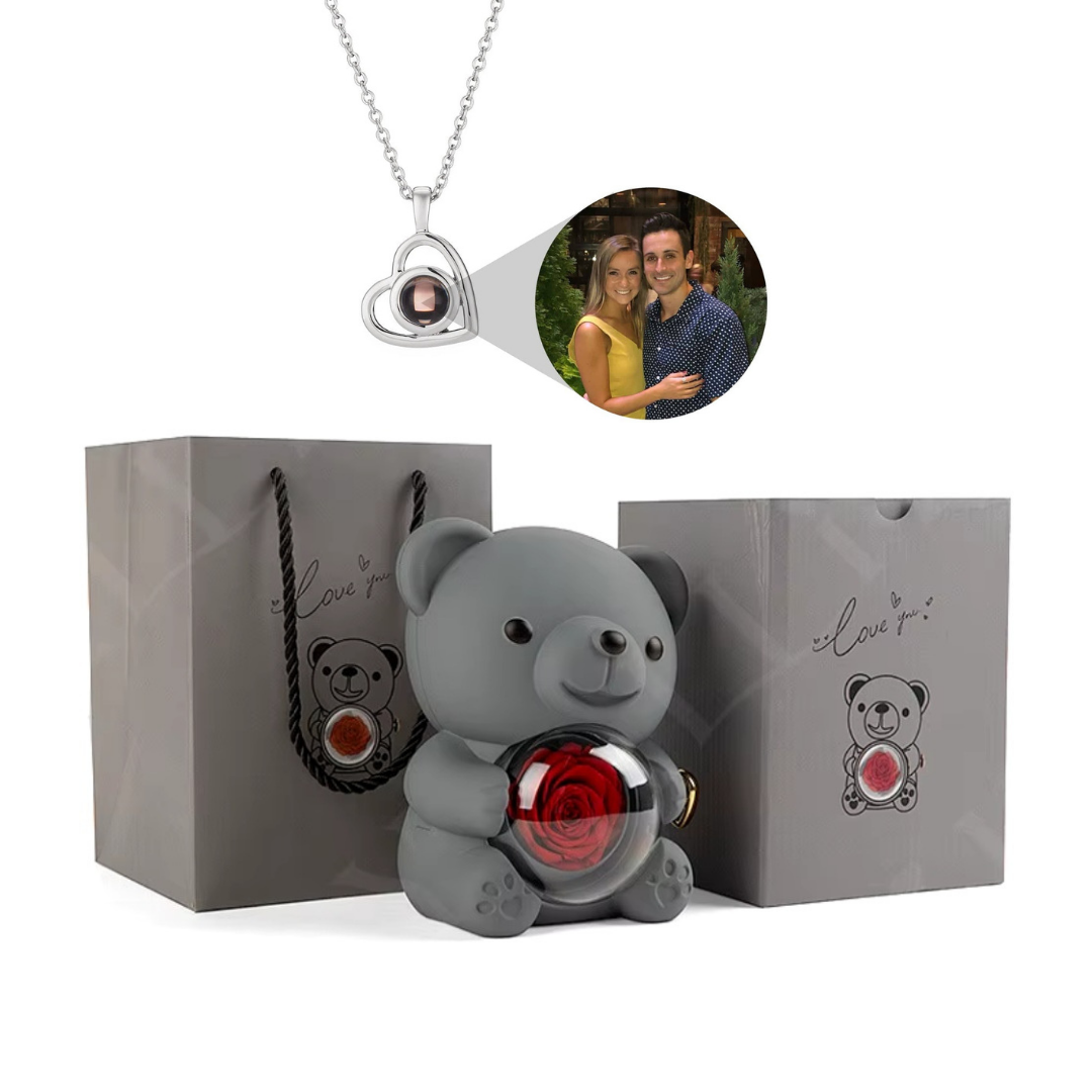 Urso Rotativo Com Rosa Real & Colar Projeção Com Foto