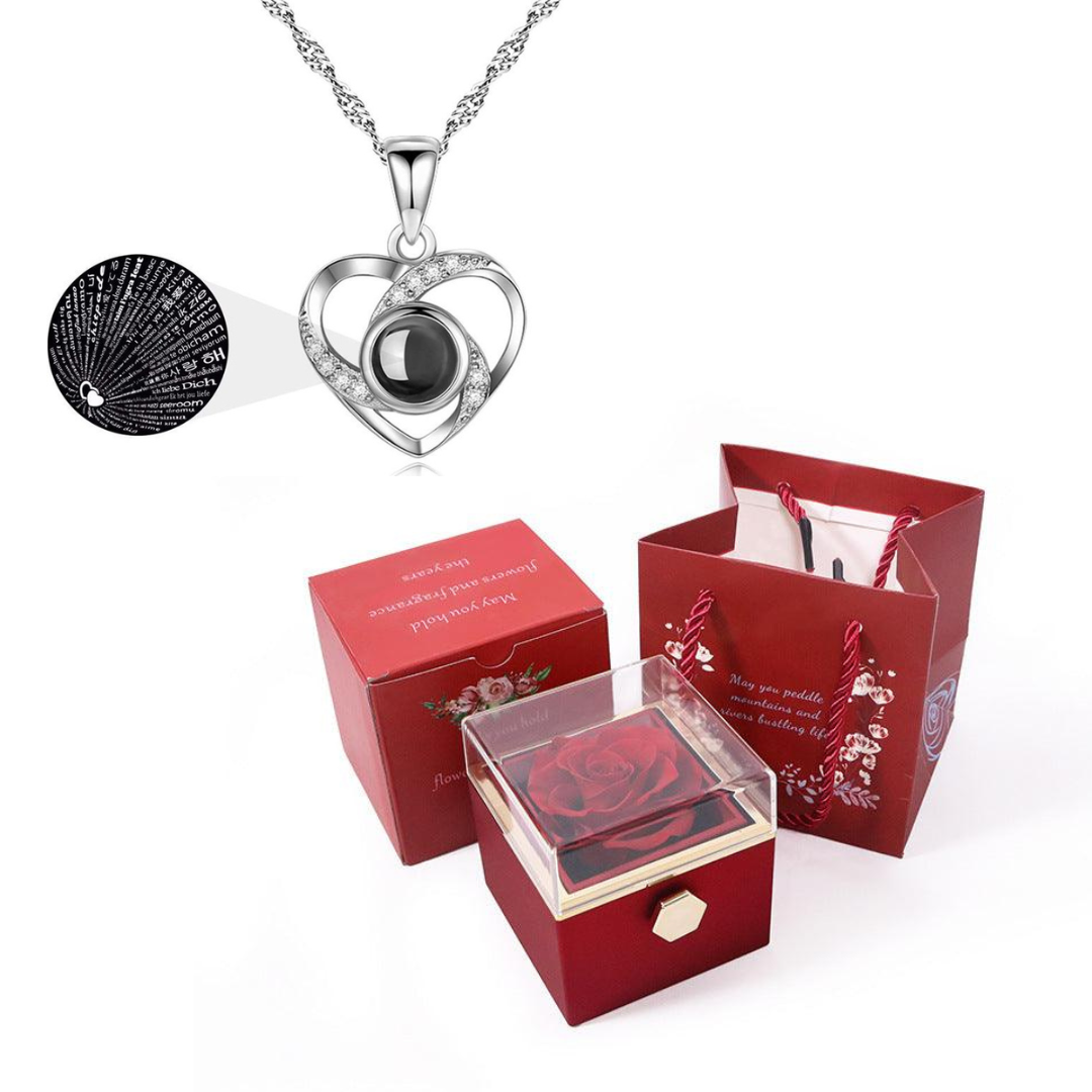 Caixa Rotativa Rosa Real & Colar Eu Te Amo Em 100 Idiomas