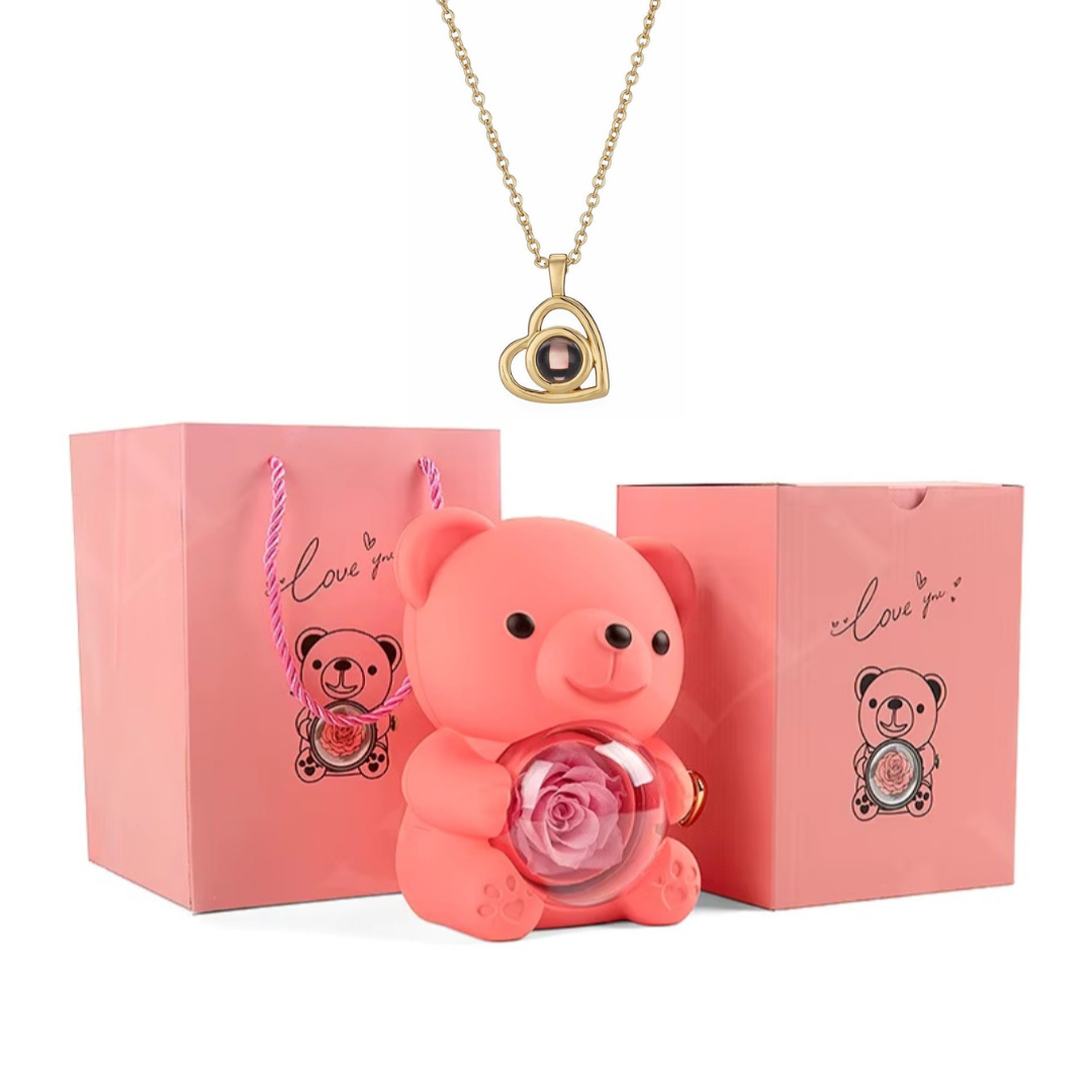 Urso Rotativo Com Rosa Real & Colar Projeção Com Foto