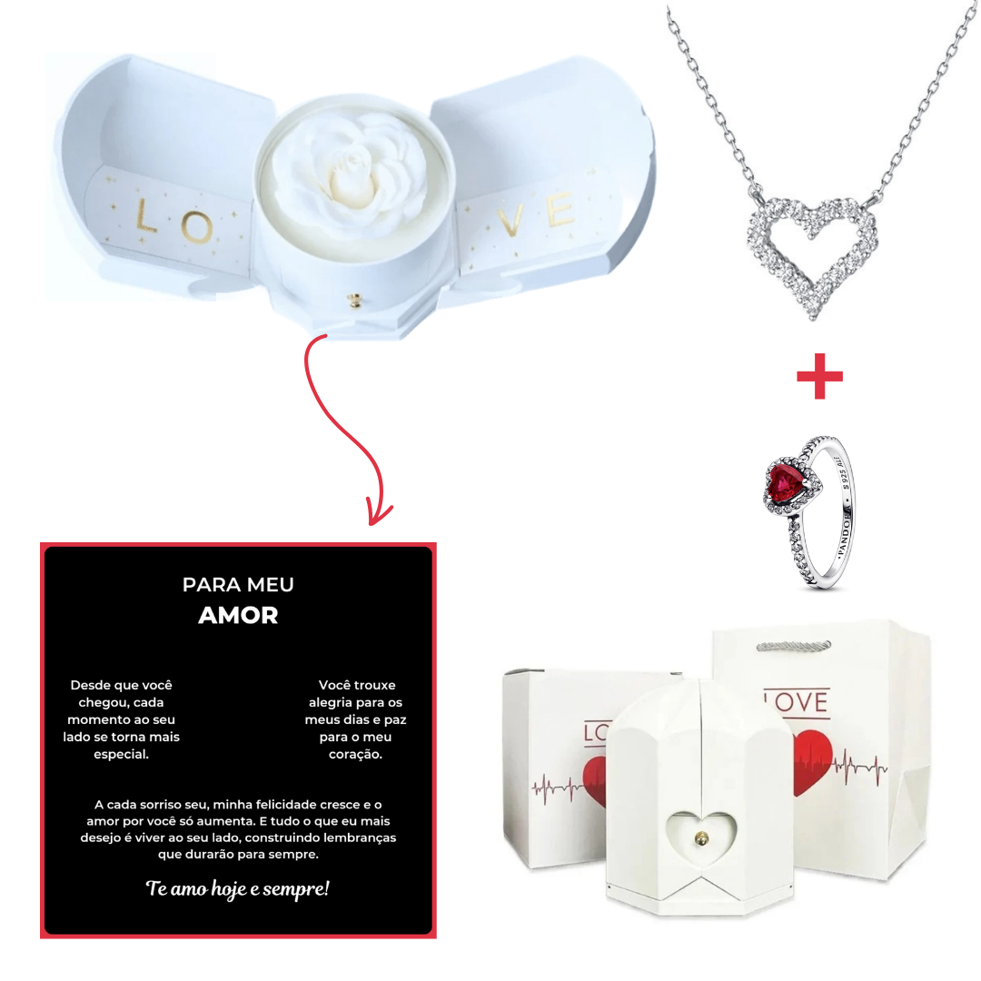 Caixa Asas & Colar Coração Cravejado + Anel Solitario