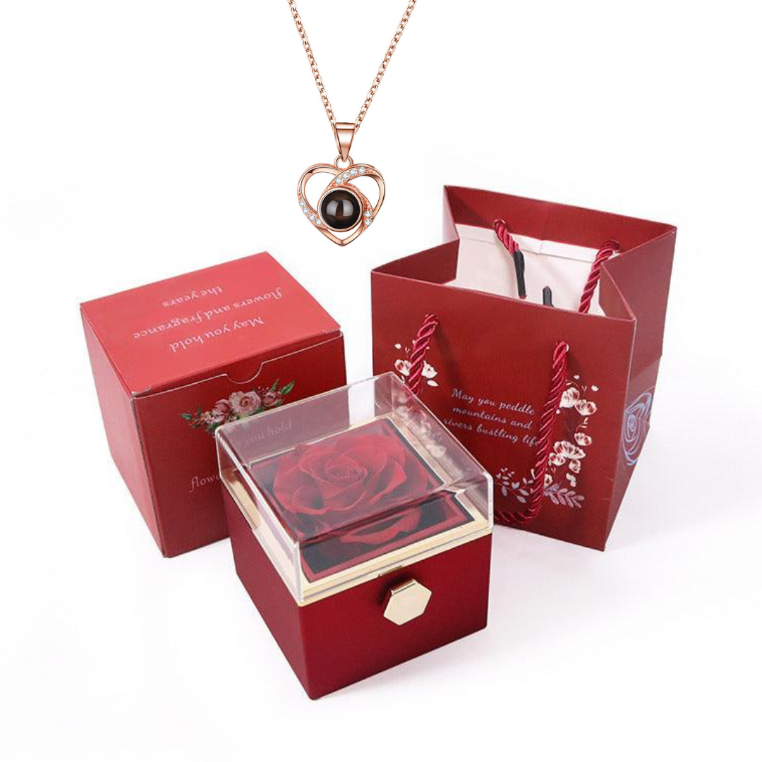 Caixa Rotativa Rosa Real & Colar Eu Te Amo Em 100 Idiomas