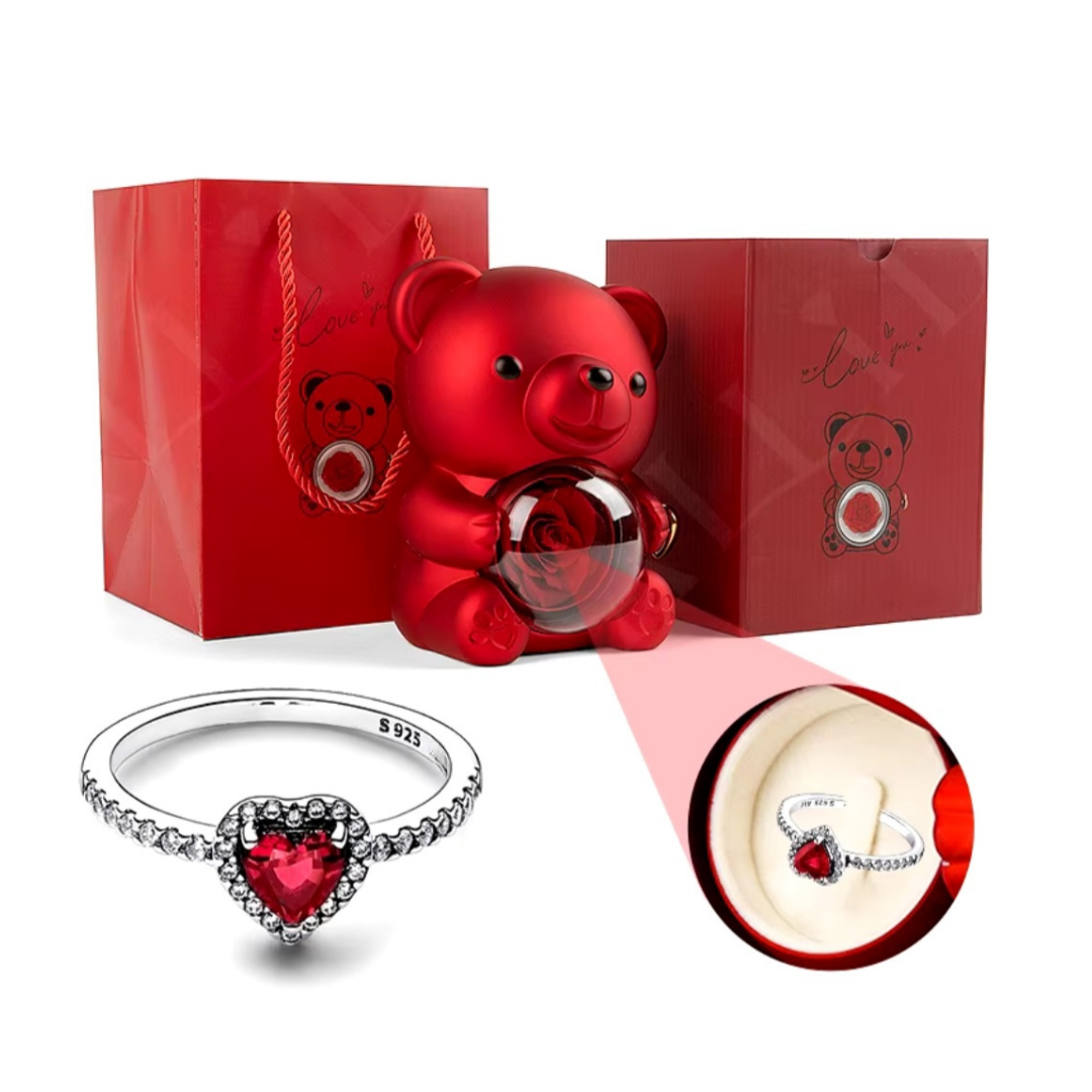 Urso Rotativo Com Rosa Real & Anel Solitario Com Pedra