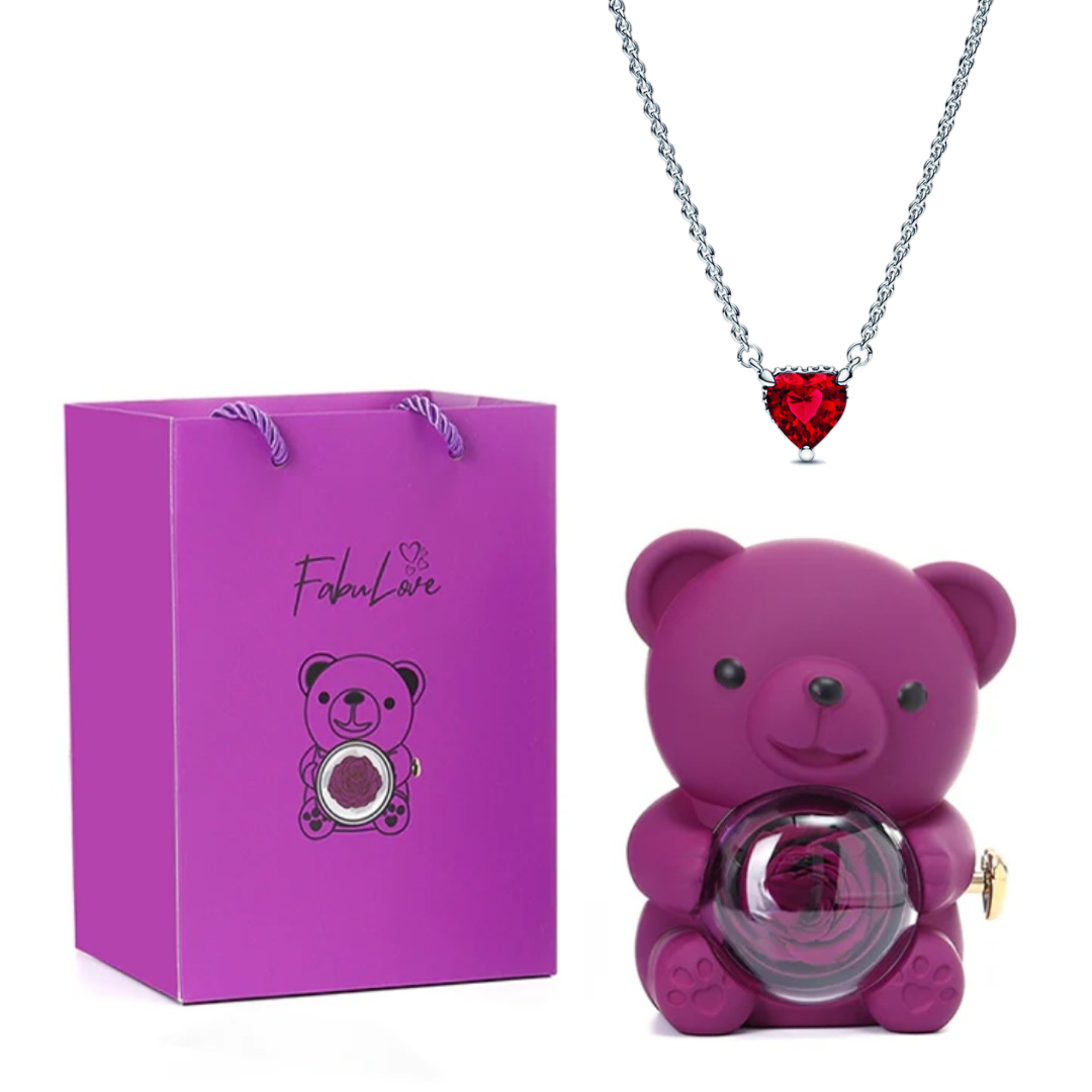 Urso Rotativo Com Rosa Real & Colar Coração