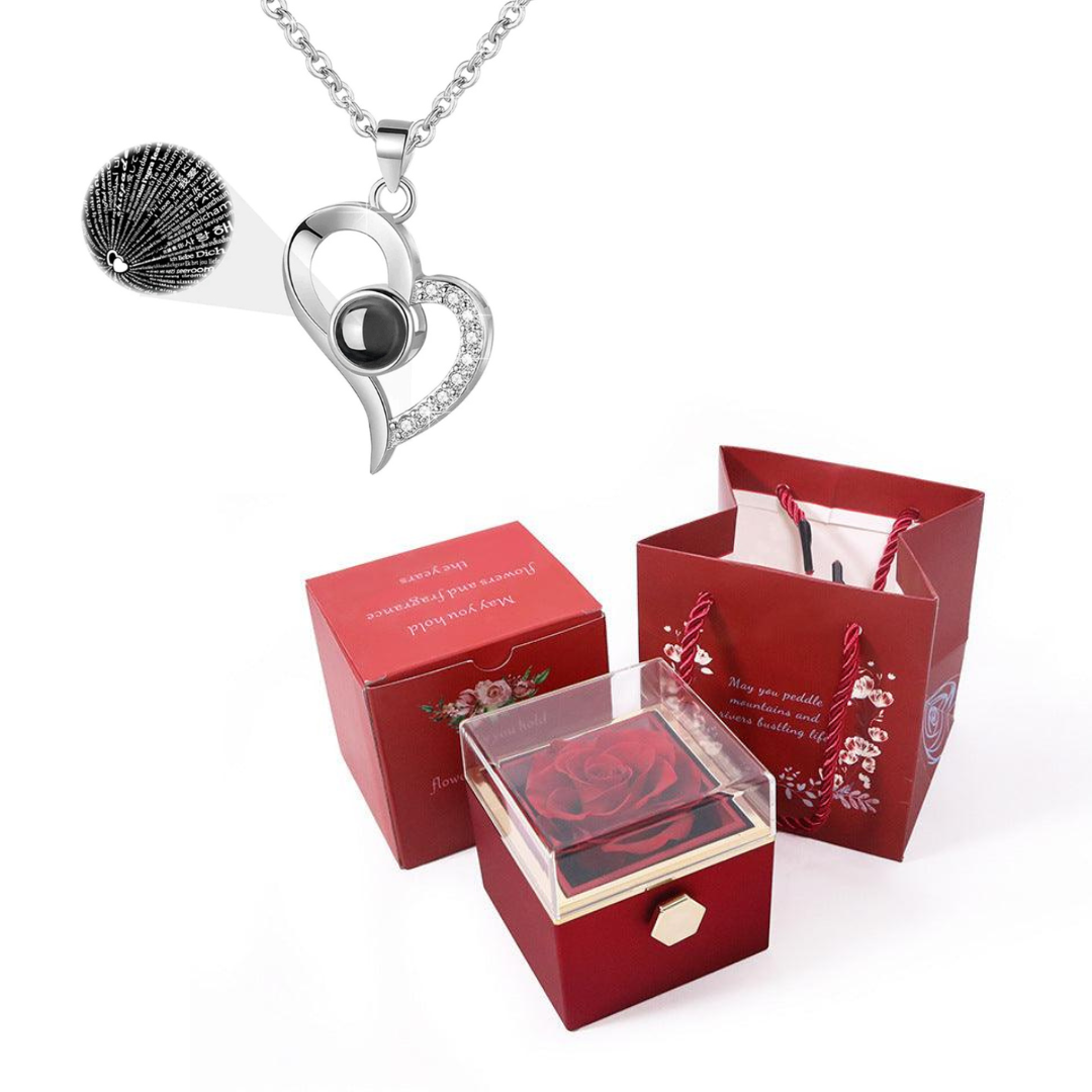 Caixa Rotativa Rosa Real & Colar Eu Te Amo Em 100 Idiomas