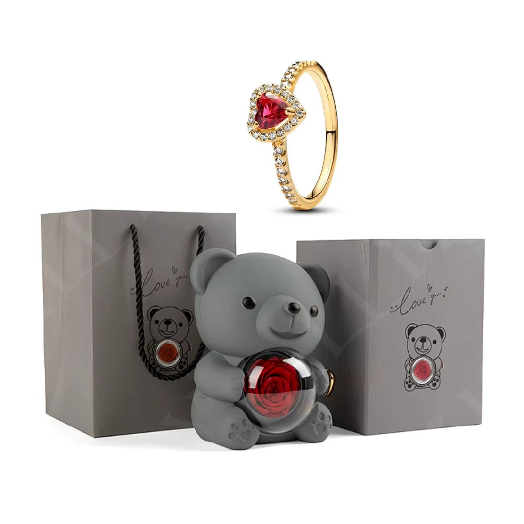 Urso Rotativo Com Rosa Real & Anel Solitario Com Pedra