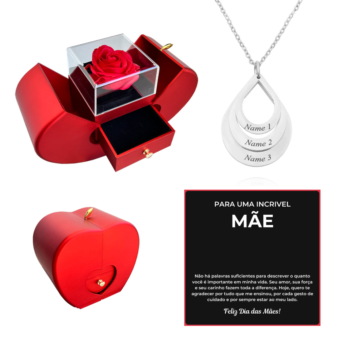 Caixa Maçã Com Rosa & Colar Pingo Personalizado Com Nomes