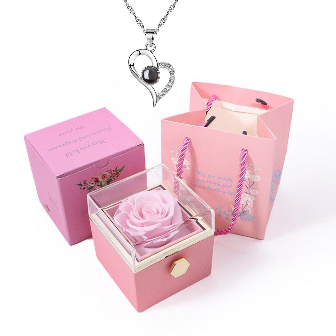 Caixa Rotativa Rosa Real & Colar Eu Te Amo Em 100 Idiomas