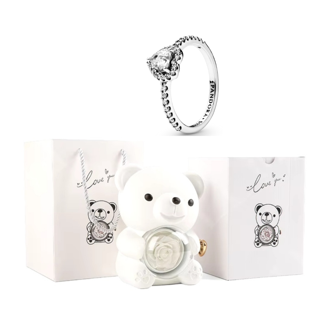 Urso Rotativo Com Rosa Real & Anel Solitario Com Pedra