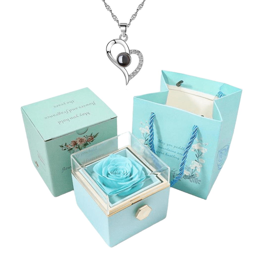 Caixa Rotativa Rosa Real & Colar Eu Te Amo Em 100 Idiomas