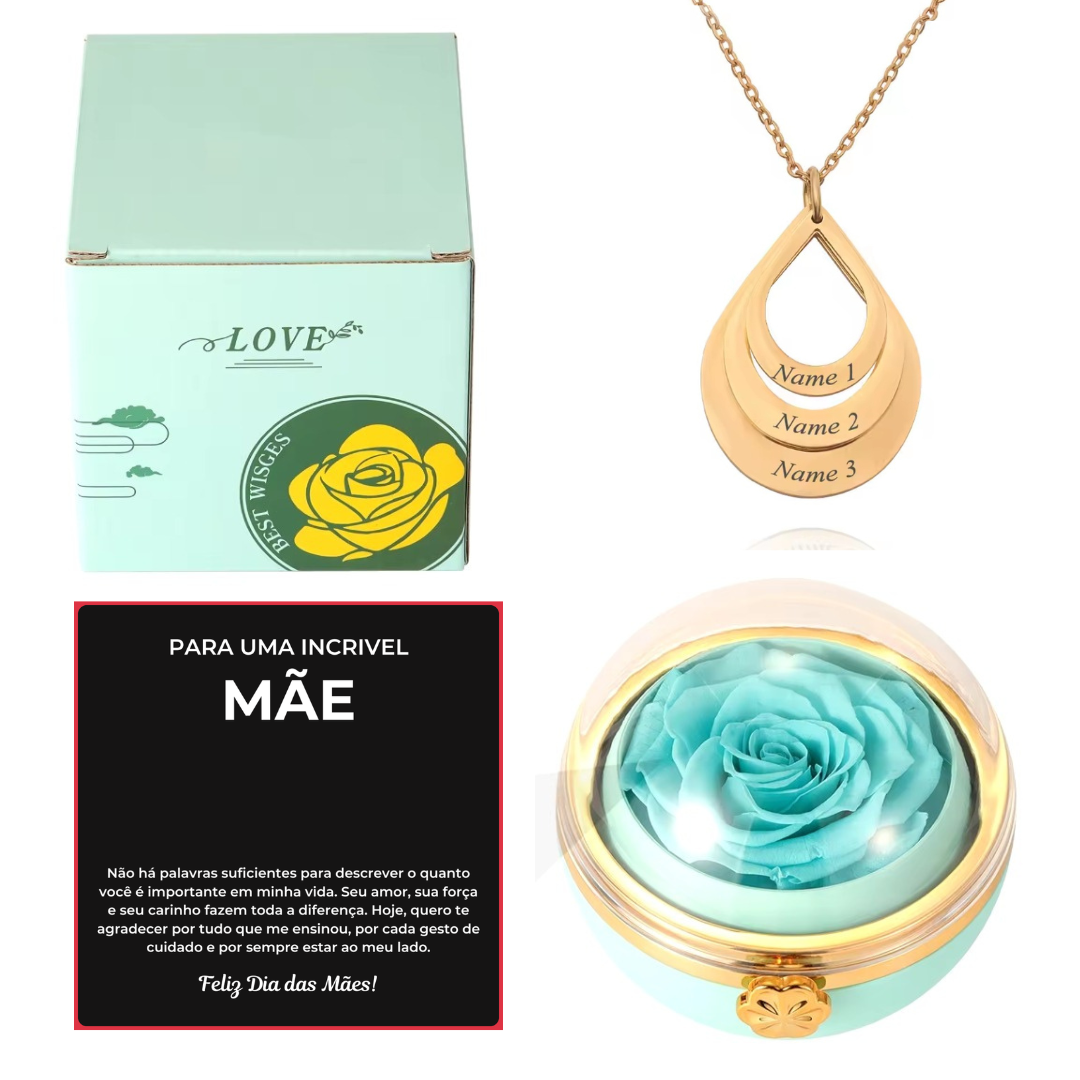 Caixa Rotativa Com Rosa & Colar Pingo Personalizado Com Nomes