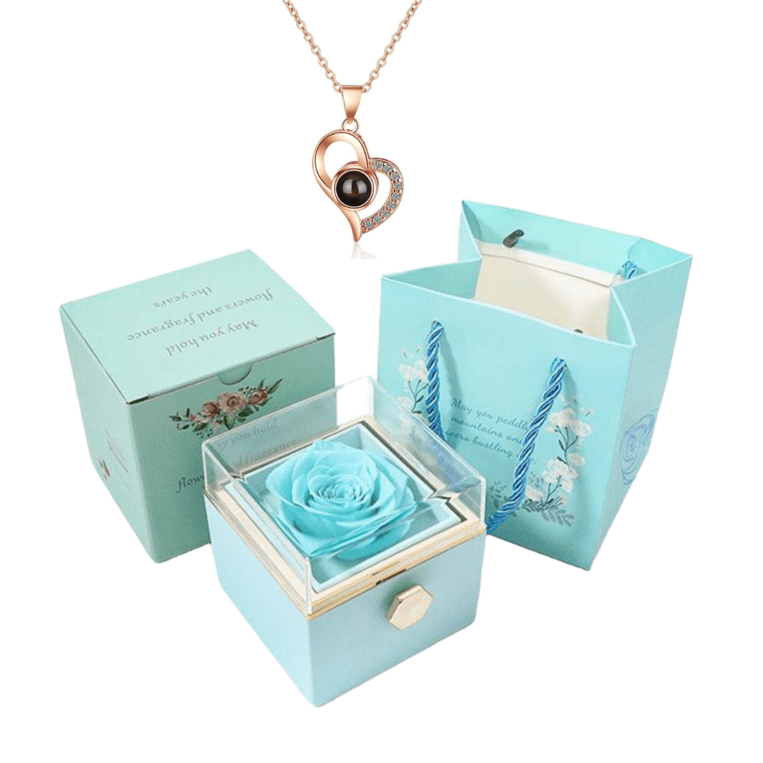 Caixa Rotativa Rosa Real & Colar Eu Te Amo Em 100 Idiomas