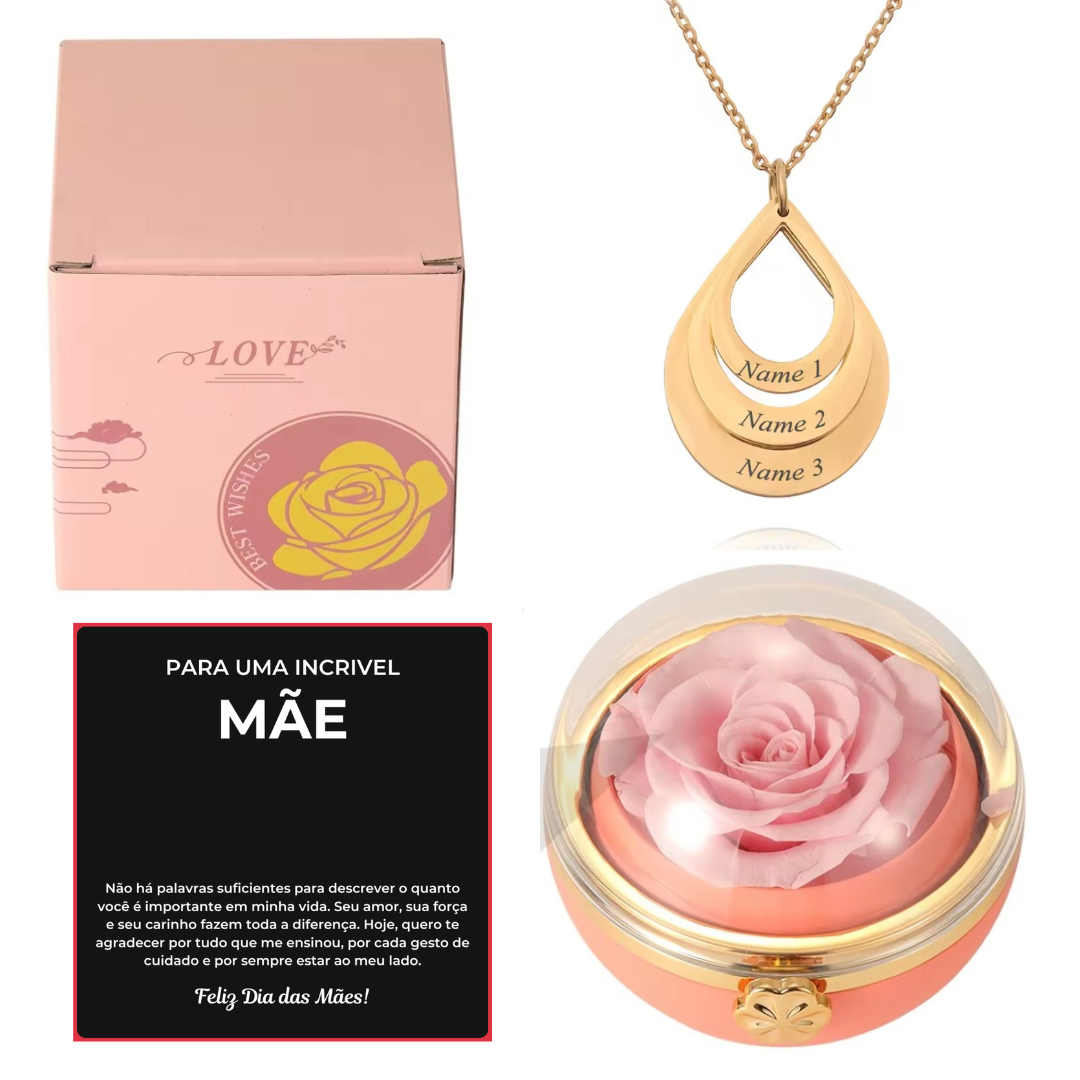 Caixa Rotativa Com Rosa & Colar Pingo Personalizado Com Nomes