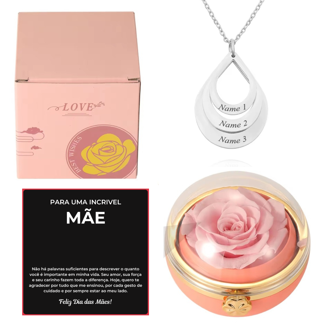 Caixa Rotativa Com Rosa & Colar Pingo Personalizado Com Nomes